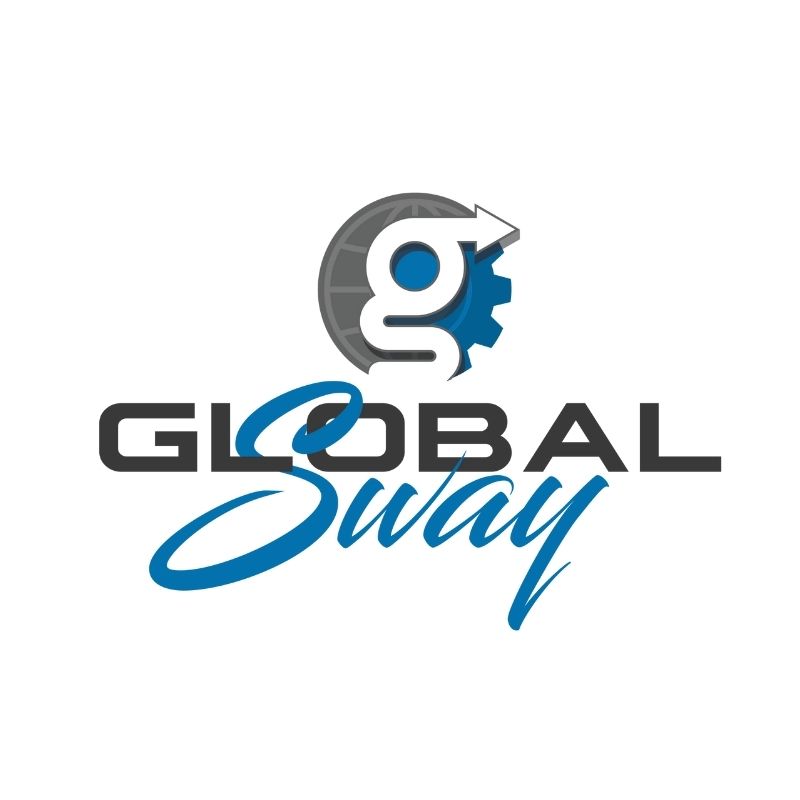 GlobalSway Leadership Logo with a GandS combined in front of a globe and gear blue and grey.