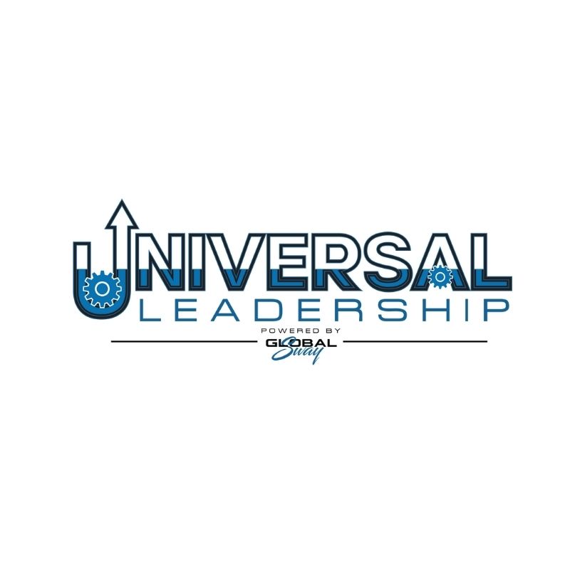 Universal Leadership blue and grey logo with a gear and arrow